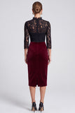 Sheath Lace Black and Burgundy 3/4 Sleeve Midi Velvet Dress