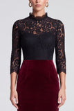 Sheath Lace Black and Burgundy 3/4 Sleeve Midi Velvet Dress