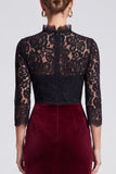Sheath Lace Black and Burgundy 3/4 Sleeve Midi Velvet Dress