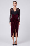 Black and Burgundy Sheath Lace Midi Velvet Dress With Long Sleeves