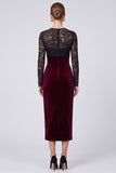 Black and Burgundy Sheath Lace Midi Velvet Dress With Long Sleeves