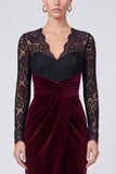 Black and Burgundy Sheath Lace Midi Velvet Dress With Long Sleeves