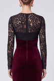 Black and Burgundy Sheath Lace Midi Velvet Dress With Long Sleeves