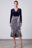 Mermaid Navy and Grey Ruffled Midi Velvet Dress With Long Sleeves