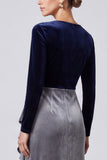 Mermaid Navy and Grey Ruffled Midi Velvet Dress With Long Sleeves