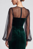 Sheath Dark Green Sheer Long Sleeve Midi Velvet Dress