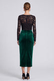 Square Neck Black and Dark Green Lace Midi Velvet Dress With Long Sleeves