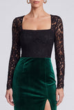 Square Neck Black and Dark Green Lace Midi Velvet Dress With Long Sleeves
