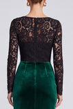 Square Neck Black and Dark Green Lace Midi Velvet Dress With Long Sleeves