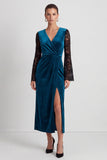 Mermaid Peacock Blue Lace Midi Velvet Dress With Long Sleeves