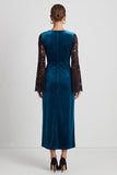 Mermaid Peacock Blue Lace Midi Velvet Dress With Long Sleeves