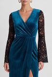 Mermaid Peacock Blue Lace Midi Velvet Dress With Long Sleeves