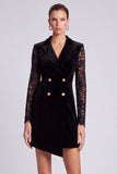 Black Peak Lapel Lace Bodycon Velvet Mini Work Dress With Long Sleeves