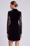 Black Peak Lapel Lace Bodycon Velvet Mini Work Dress With Long Sleeves