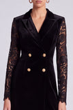 Black Peak Lapel Lace Bodycon Velvet Mini Work Dress With Long Sleeves