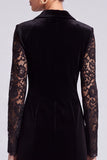 Black Peak Lapel Lace Bodycon Velvet Mini Work Dress With Long Sleeves