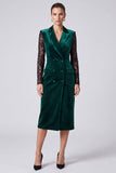 Peak Lapel Long Sleeve Sheath Dark Green Lace Velvet Midi Work Dress