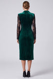 Peak Lapel Long Sleeve Sheath Dark Green Lace Velvet Midi Work Dress