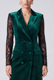 Peak Lapel Long Sleeve Sheath Dark Green Lace Velvet Midi Work Dress