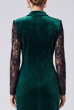 Peak Lapel Long Sleeve Sheath Dark Green Lace Velvet Midi Work Dress