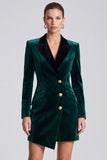 Peak Lapel Velvet Bodycon Dark Green Mini Work Dress With Long Sleeves