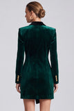 Peak Lapel Velvet Bodycon Dark Green Mini Work Dress With Long Sleeves