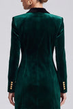 Peak Lapel Velvet Bodycon Dark Green Mini Work Dress With Long Sleeves