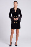 Velvet Peak Lapel Black Bodycon Lace Mini Work Dress With Long Sleeves