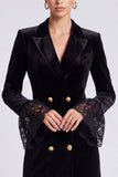 Velvet Peak Lapel Black Bodycon Lace Mini Work Dress With Long Sleeves