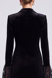 Velvet Peak Lapel Black Bodycon Lace Mini Work Dress With Long Sleeves