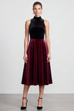 A Line High Neck Black and Burgundy Midi Velvet Dress