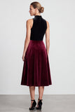 A Line High Neck Black and Burgundy Midi Velvet Dress