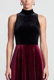 A Line High Neck Black and Burgundy Midi Velvet Dress