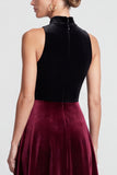 A Line High Neck Black and Burgundy Midi Velvet Dress