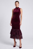 Mermaid Lace Tiered High Neck Burgundy Midi Velvet Dress