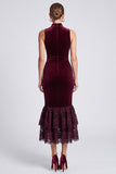 Burgundy High Neck Sheath Midi Velvet Dress with Lace