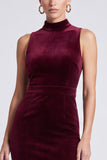 Burgundy High Neck Sheath Midi Velvet Dress with Lace