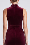 Mermaid Lace Tiered High Neck Burgundy Midi Velvet Dress
