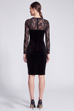 Long Sleeve Black Lace Sheath Midi Velvet Dress