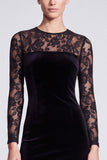 Long Sleeve Black Lace Sheath Midi Velvet Dress