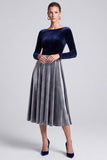 Navy and Grey A-Line Bateau Midi Velvet Dress with Long Sleeves