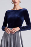 Navy and Grey A-Line Bateau Midi Velvet Dress with Long Sleeves