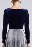Navy and Grey A-Line Bateau Midi Velvet Dress with Long Sleeves