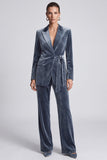 Peak Lapel Dusty Blue 2 Piece Velvet Women Suits with Sash