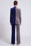 Navy and Grey ColorBlock Single Breasted Velvet 2 Piece Peak Lapel Women Suits