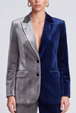 Navy and Grey ColorBlock Single Breasted Velvet 2 Piece Peak Lapel Women Suits