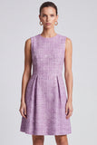 Sequins Purple Tweed Round Neck A-Line Midi Work Dress