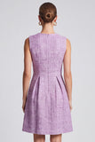 Sequins Purple Tweed Round Neck A-Line Midi Work Dress