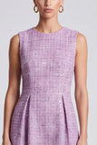 Sequins Purple Tweed Round Neck A-Line Midi Work Dress
