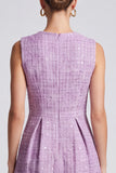 Sequins Purple Tweed Round Neck A-Line Midi Work Dress